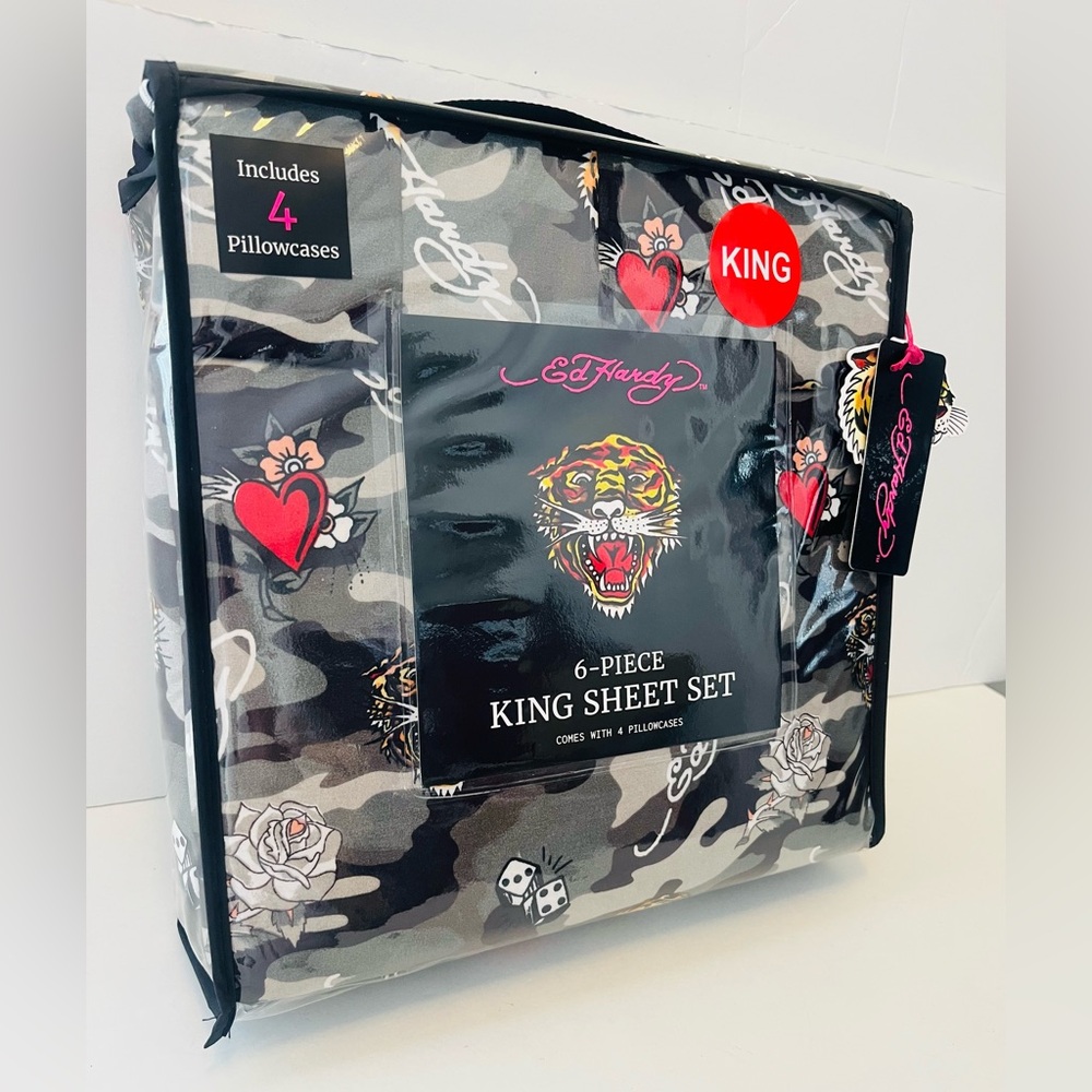 Ed Hardy Black Camo 6 Piece King Size Sheet Set Tigers Dice Hearts Roses